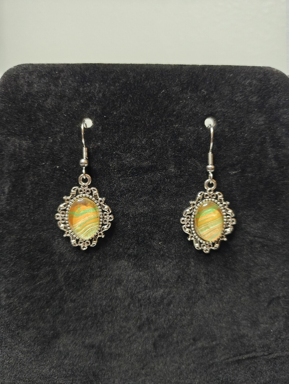Silver-Tone Filigree Drop Earrings Orange Green Glass